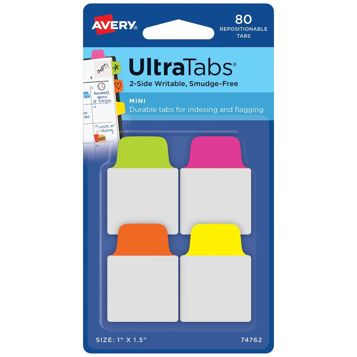 A pack of 80 neon plastic mini tabs 1 by 1.5 inches in pink yellow green orange