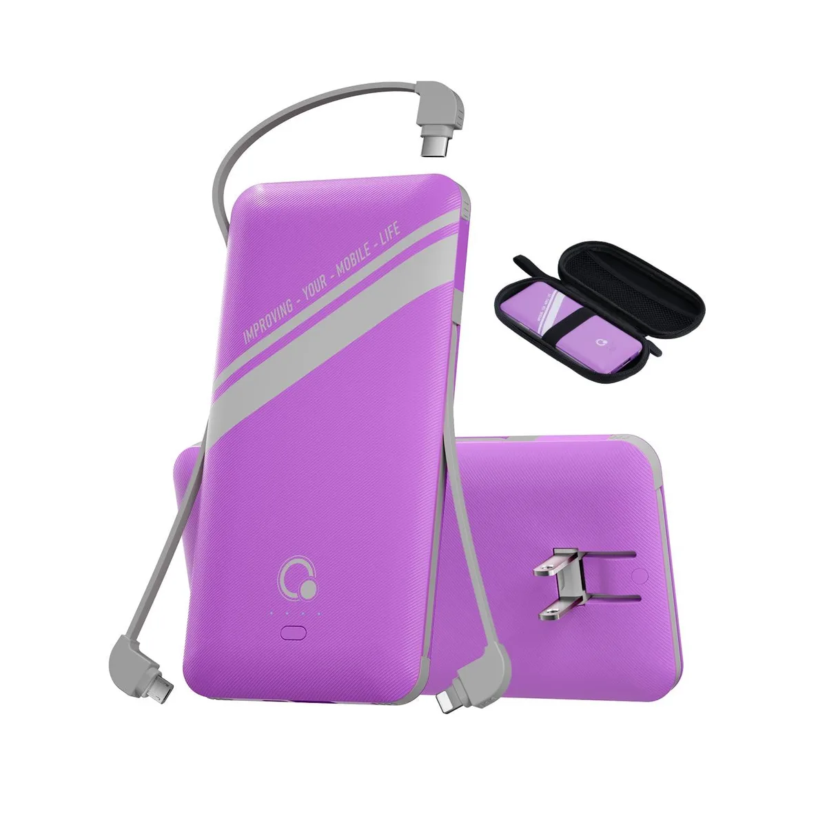 Purple slim power bank with fold-out AC plug and built-in cables