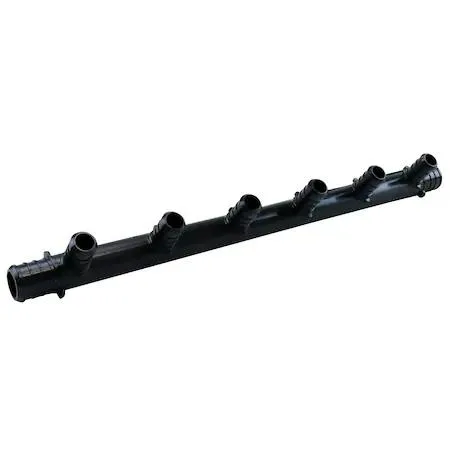 White plastic PEX manifold with six half-inch barbed outlets and three-quarter inch barbed inlets