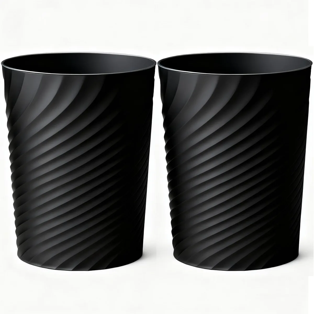 Twelve black polypropylene trash cans with threaded sides, 7.8 inches wide by 10 inches high