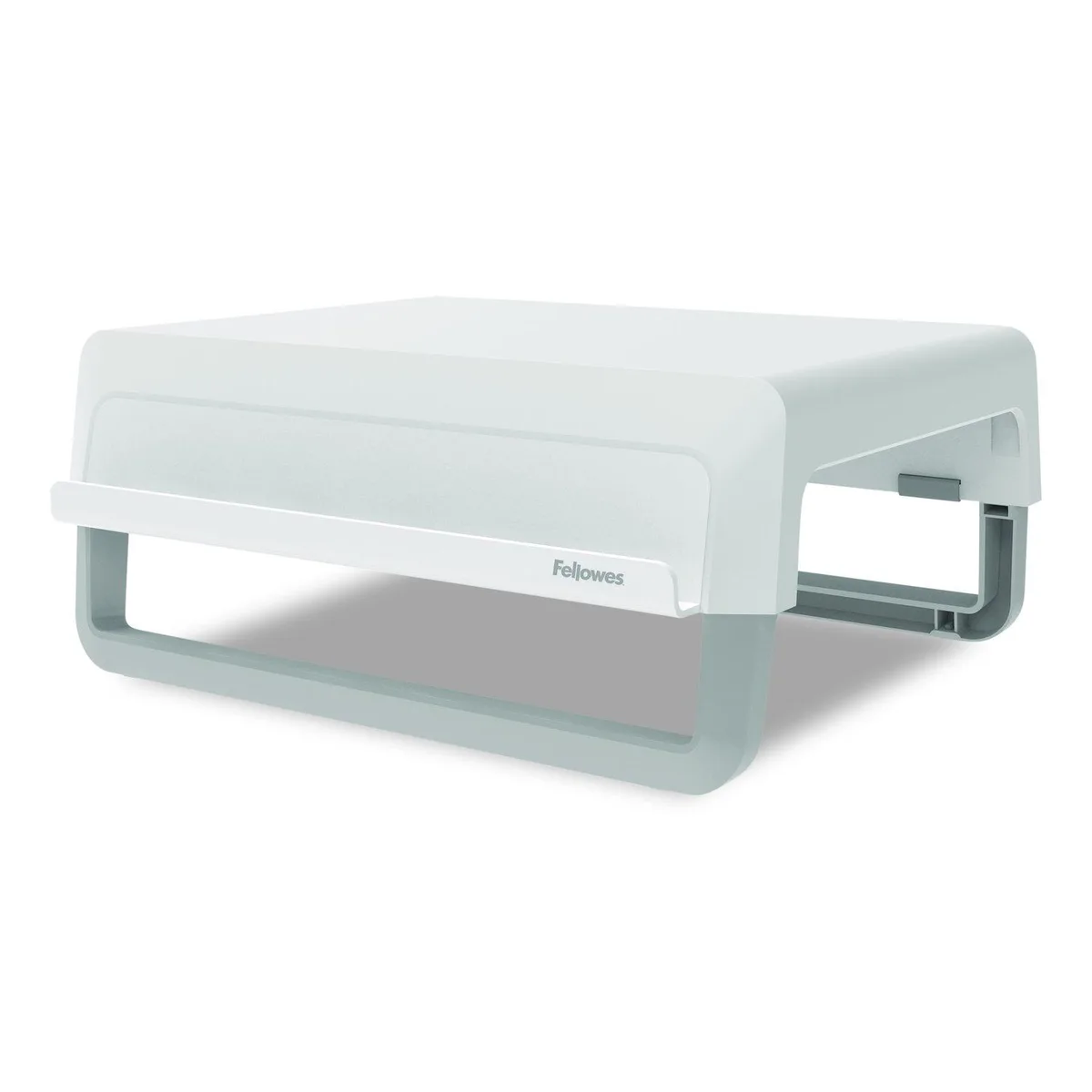 White adjustable monitor and laptop stand with slotted platform and height settings