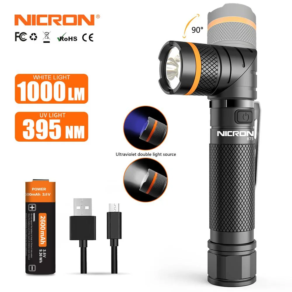Black cylindrical flashlight with 90-degree twist head, matte finish, clip and magnet visible