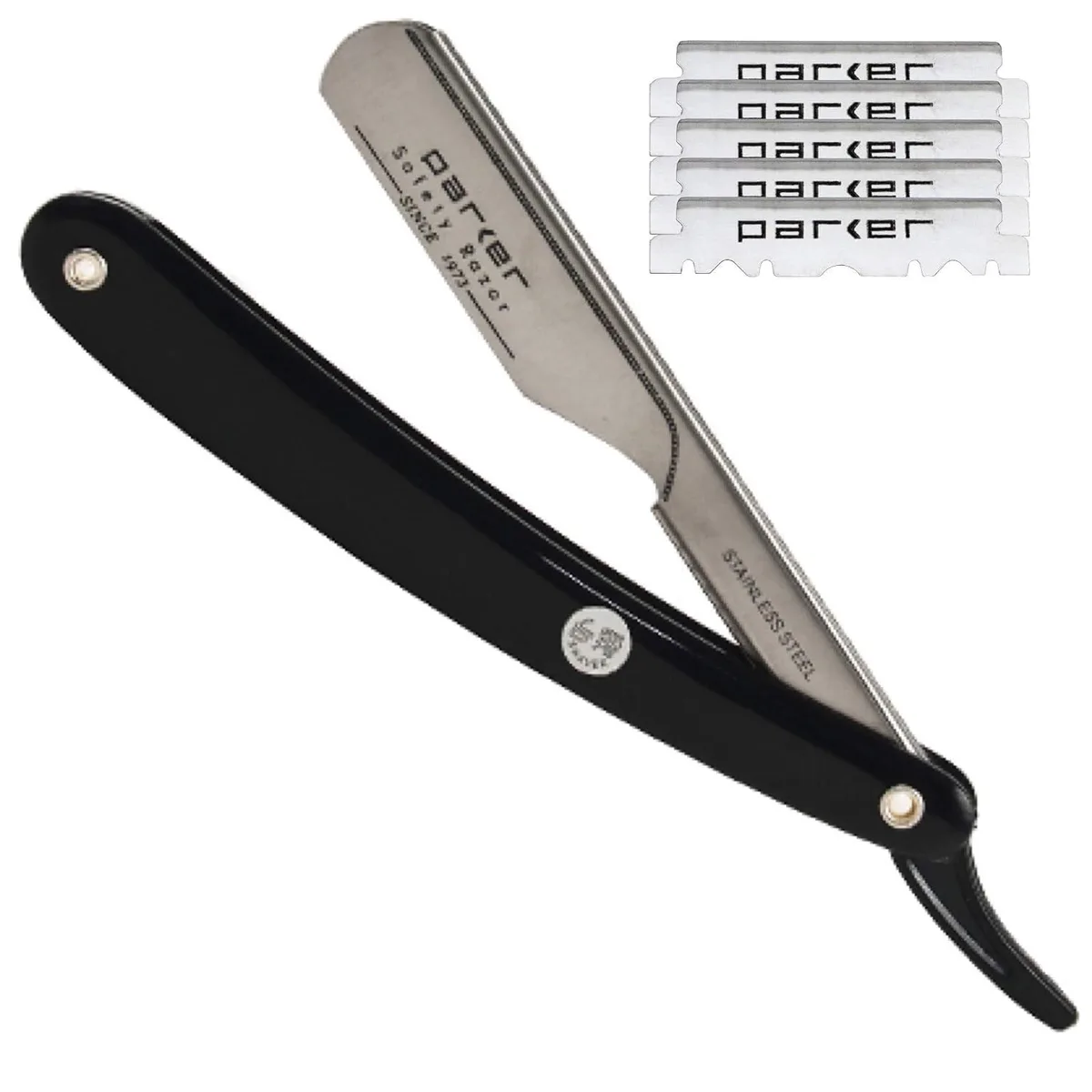 Stainless steel straight razor with resin handle and push-type blade lock