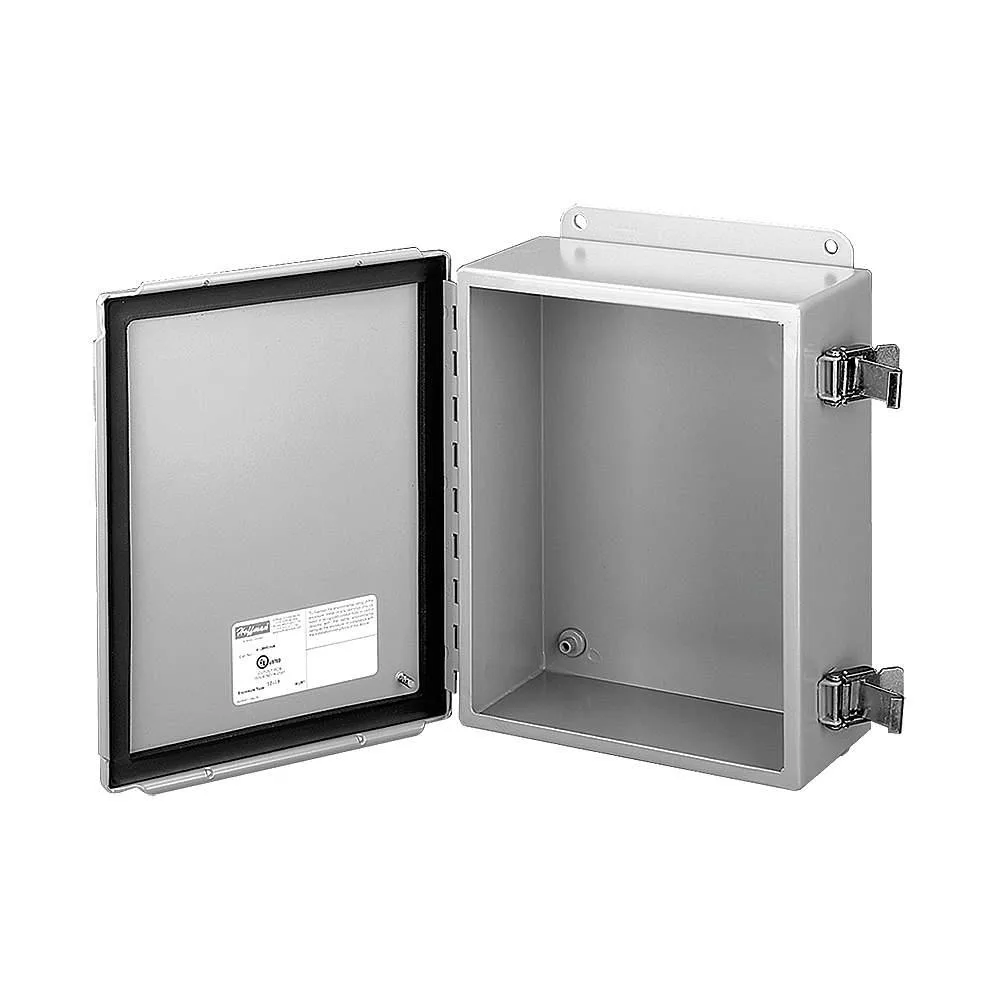 Gray powder-coated steel electrical enclosure with screw-on solid cover, 10 inches high, 8 inches wide, 6 inches deep