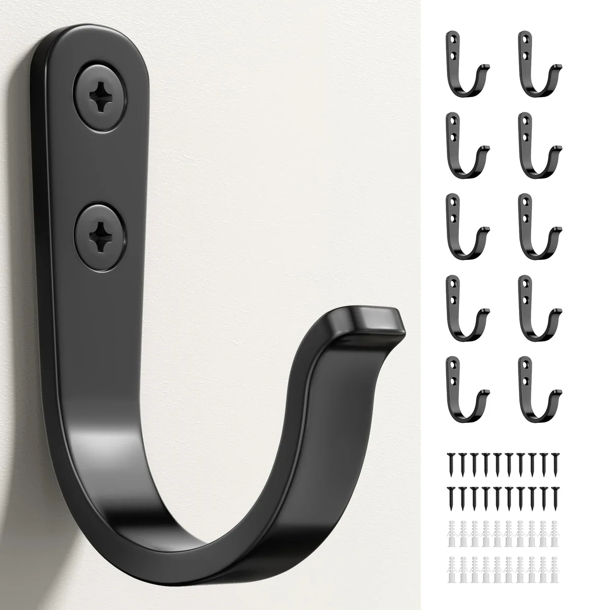 Ten black metal wall hooks with mounting hardware in a storage box