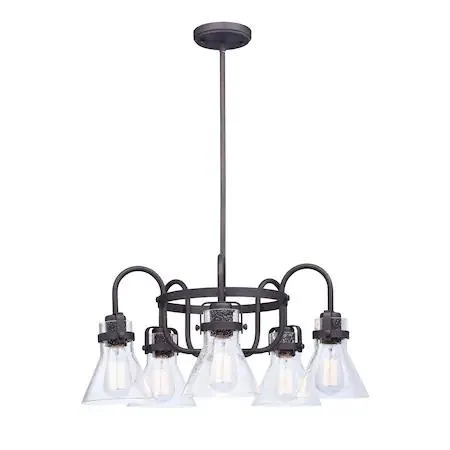 Oil rubbed bronze chandelier with five clear seedy glass cones on a yoke frame