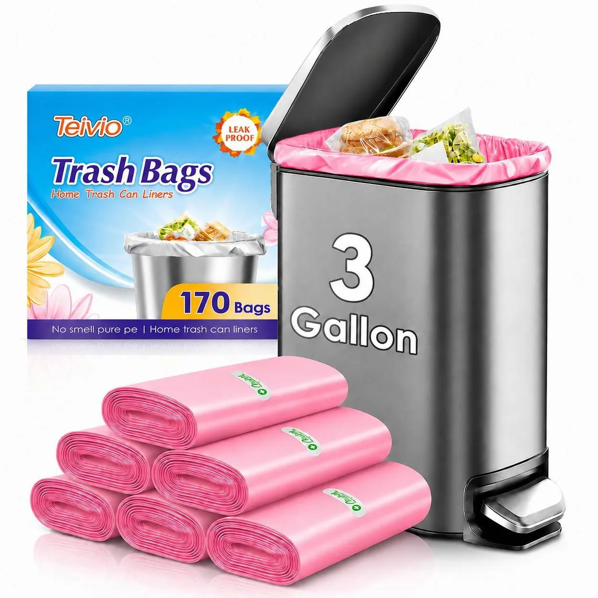 Teivio 170-3 3 Gallon 170 Count Pink Garbage Bags — product photo