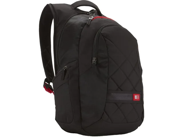 Black polyester laptop backpack with quilted front panel and textured side accents, fits 16 inch laptop