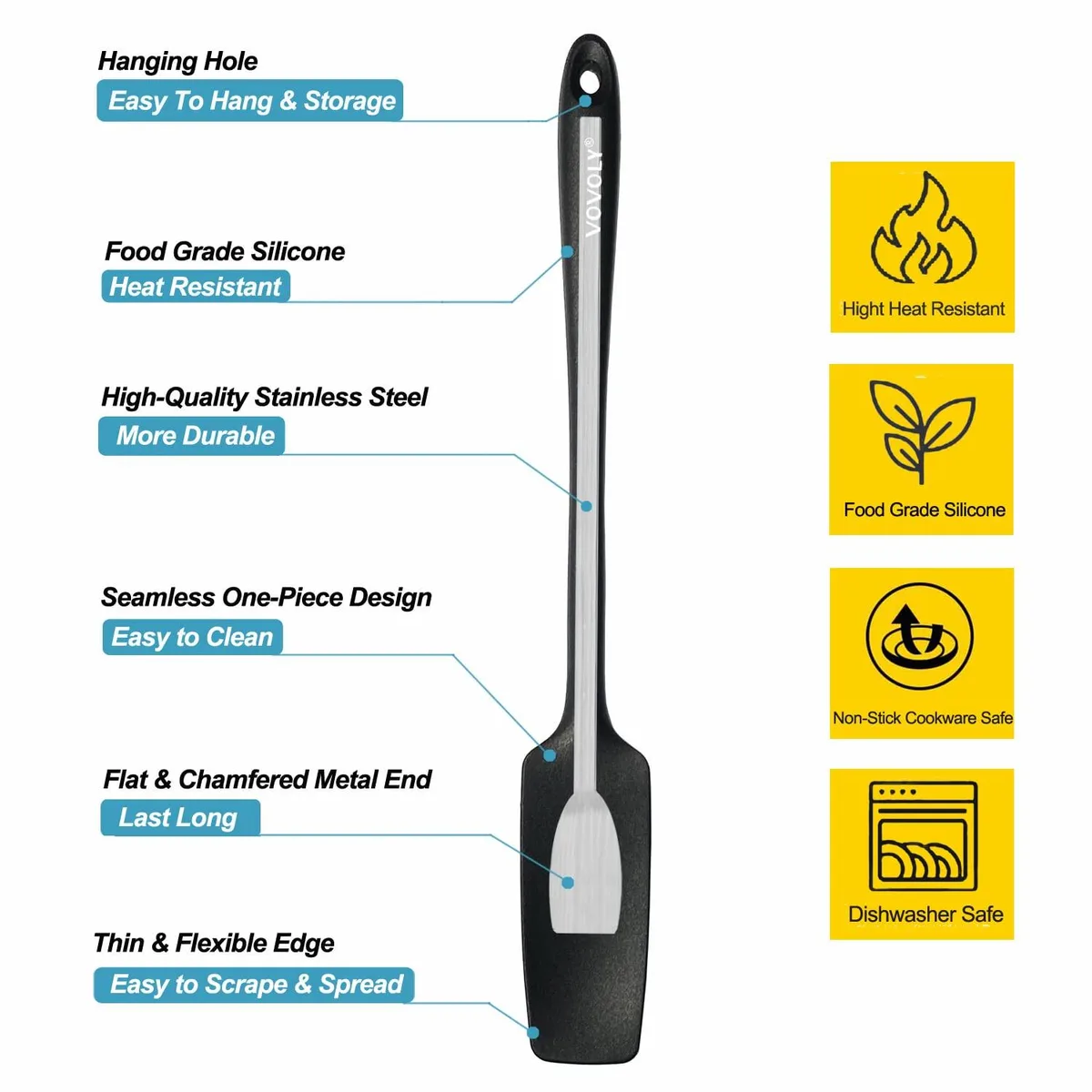 Two black silicone spoonulas with long handles and stainless steel cores, 11.2 inches