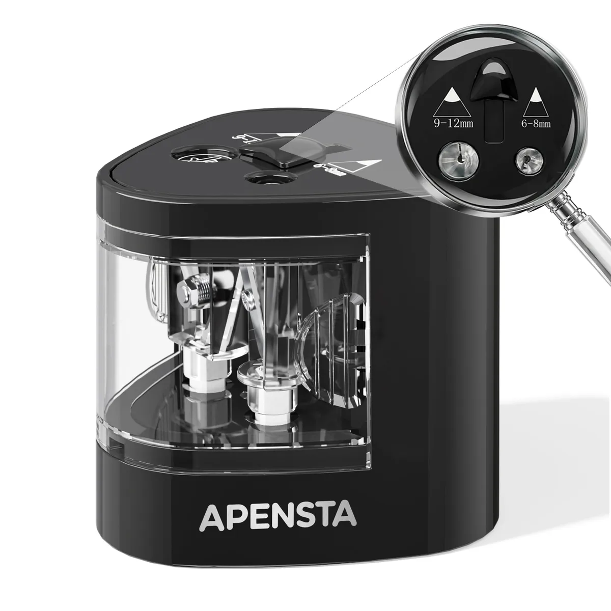 Black corded electric pencil sharpener, dual hole, compact cube shape