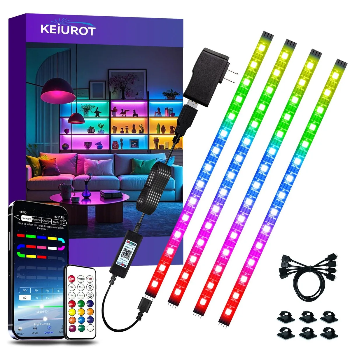 Four pre-cut blue LED strips on a spool, USB powered, 15.75 ft total