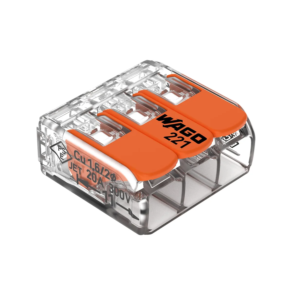  WAGO 221-413 Lever-Nuts 3-Conductor Wire Cap Connector 24-12 AWG Box of 50 — product photo