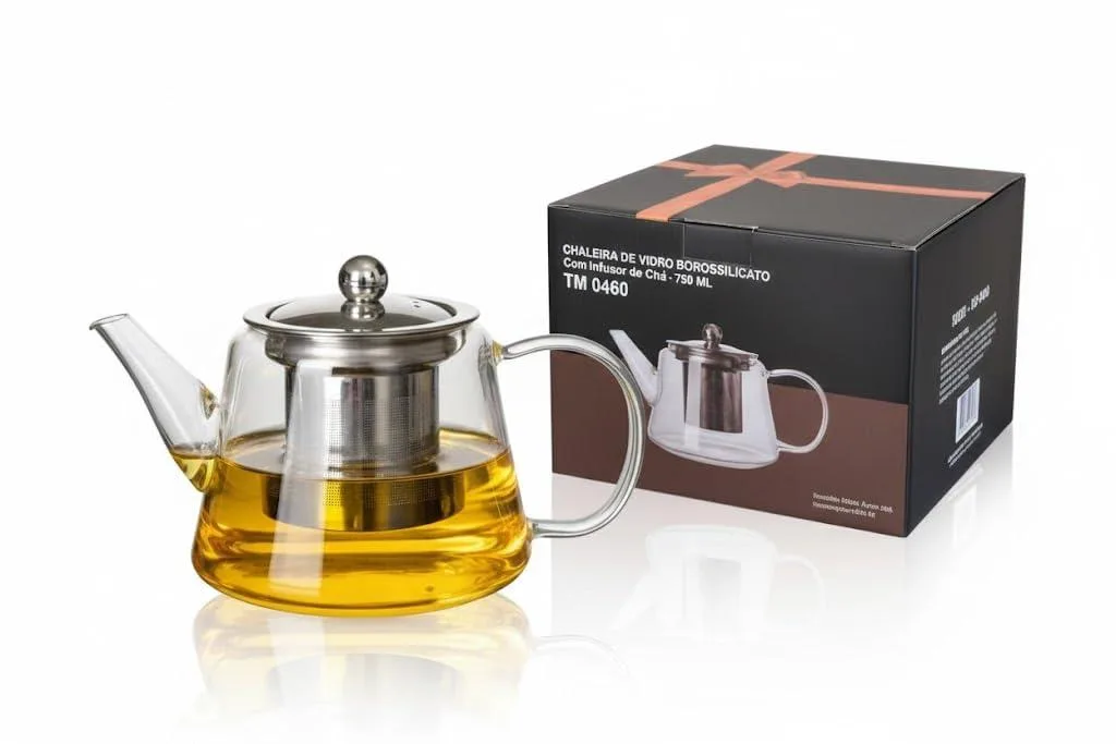 Clear borosilicate glass teapot with stainless steel infuser and black handle