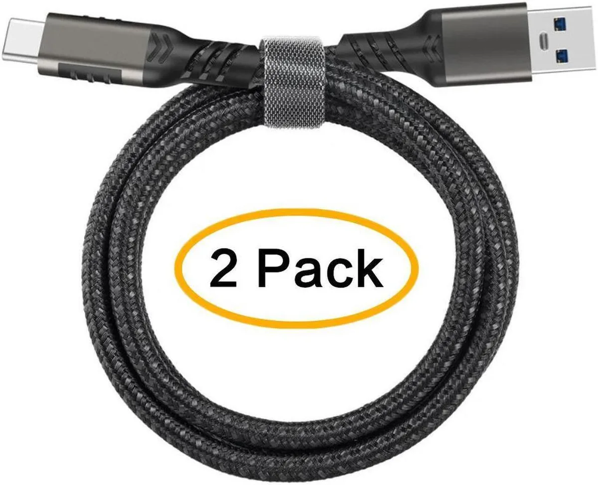 Two black braided USB A to USB C cables coiled side by side