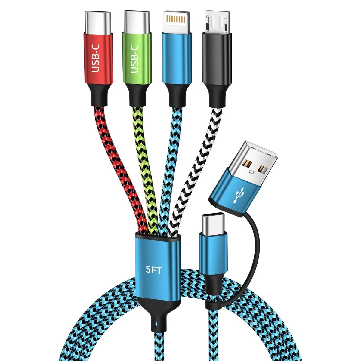 Multi-colour braided USB cable with six connectors coiled together