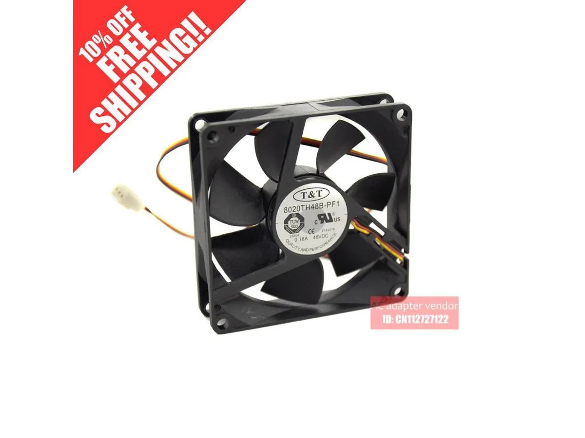 Black square 80mm case fan with visible ball bearing centre, 48V label on frame