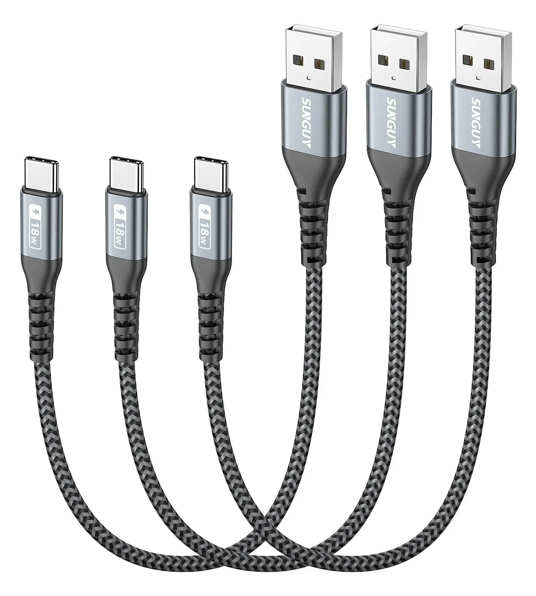 Three short grey braided USB-A to USB-C cables with aluminium connectors