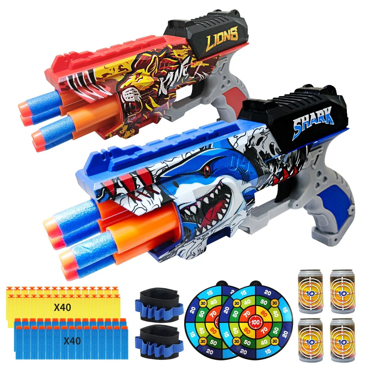 Doodle Blaster Guns Shark Lion 2 Pack 80 Darts 6 Targets 2 Wrist Straps — product photo