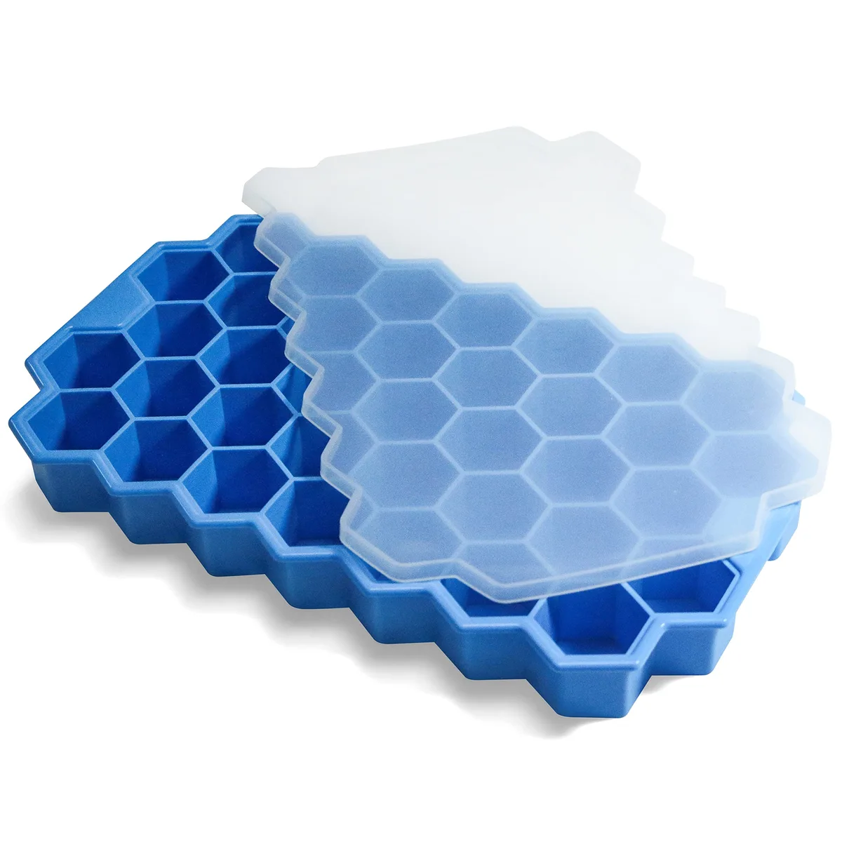 Blue silicone ice cube tray with lid, 37 hexagonal cavities, 8.27 by 4.92 by .94 inches