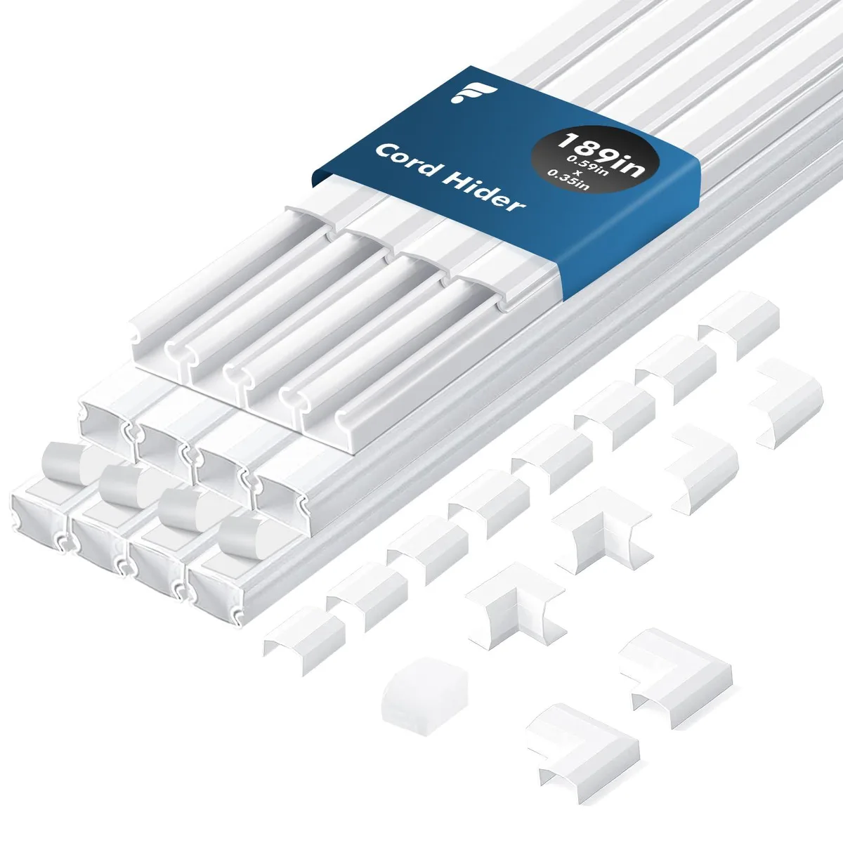 Twelve white PVC cord covers with self-adhesive backing and seventeen snap-on accessories laid flat