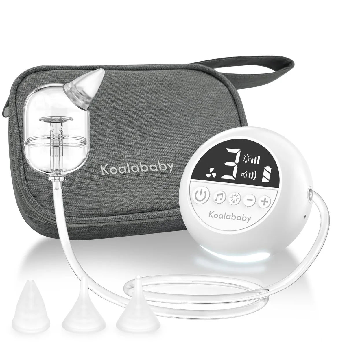 White handheld electric nasal aspirator with silicone tip and travel bag