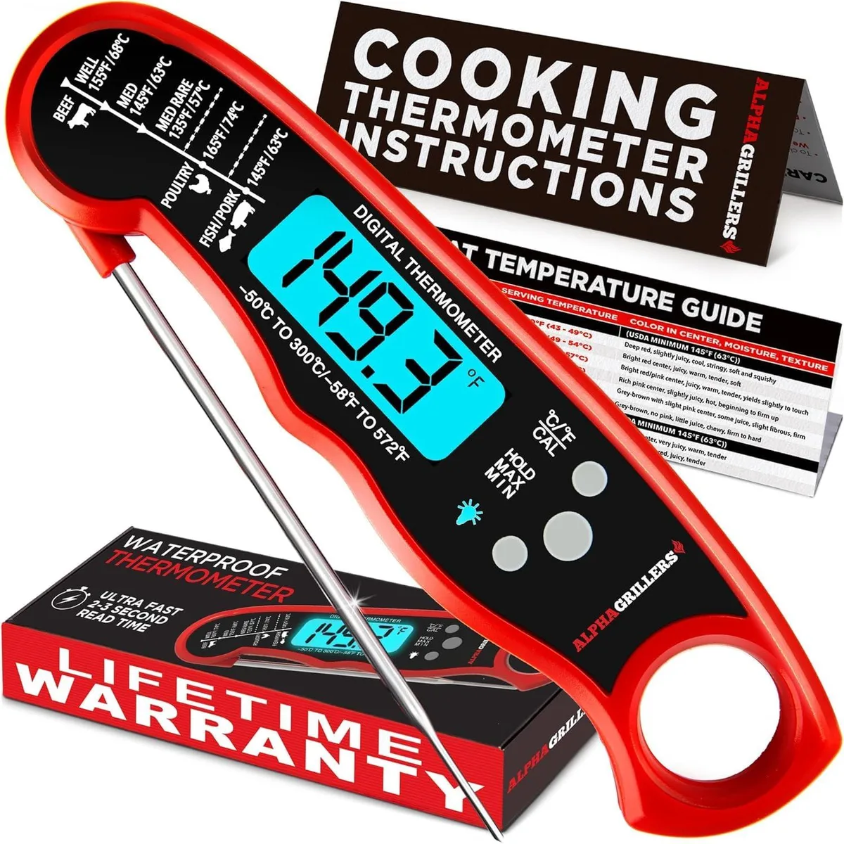Black and red digital meat thermometer with fold-out probe and backlit display