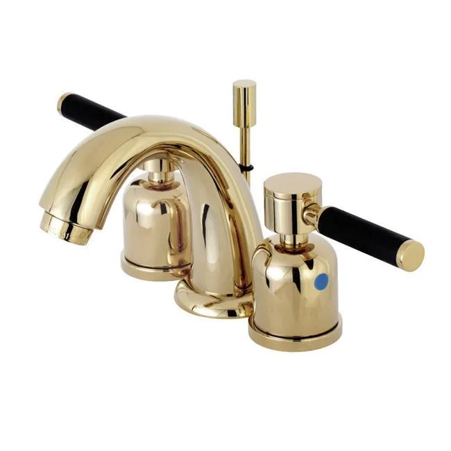 Polished brass mini-widespread faucet with black handles and pop-up drain