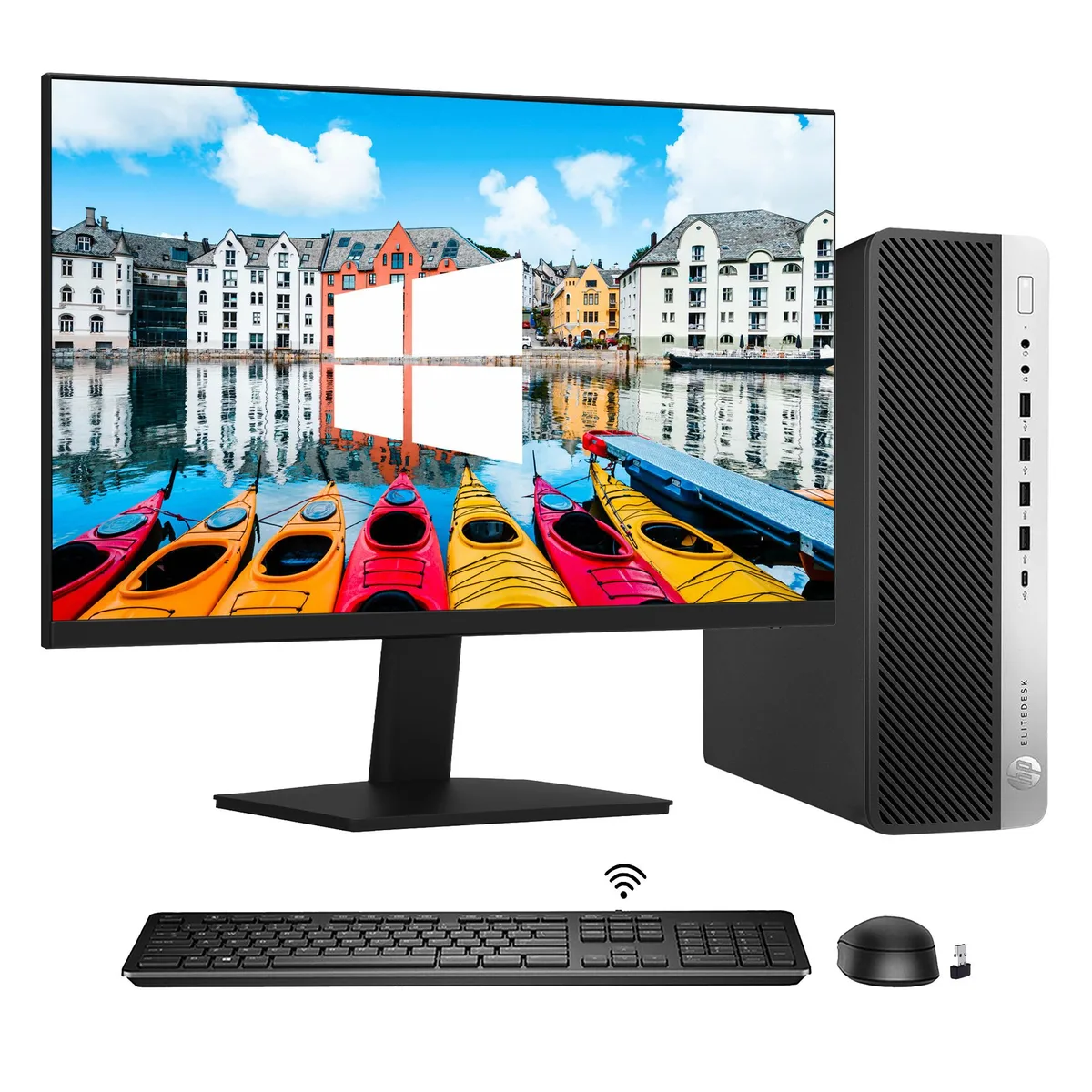 HP HP EliteDesk 800 G4 SFF desktop PC, i5-8500, 16GB DDR4, 512GB NVMe, 24" monitor — product photo