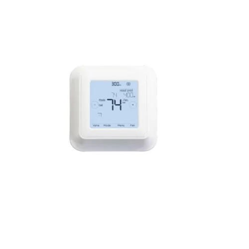 White rectangular wireless remote thermostat with backlit display wall mounted
