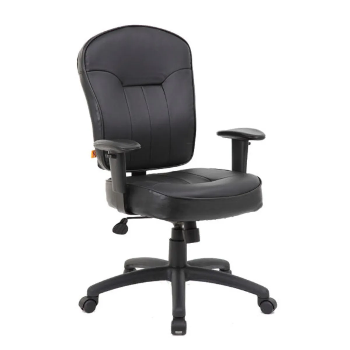 Black mid-back task chair with large seat, leatherplus upholstery, adjustable arms, 27 inch nylon base, hooded casters