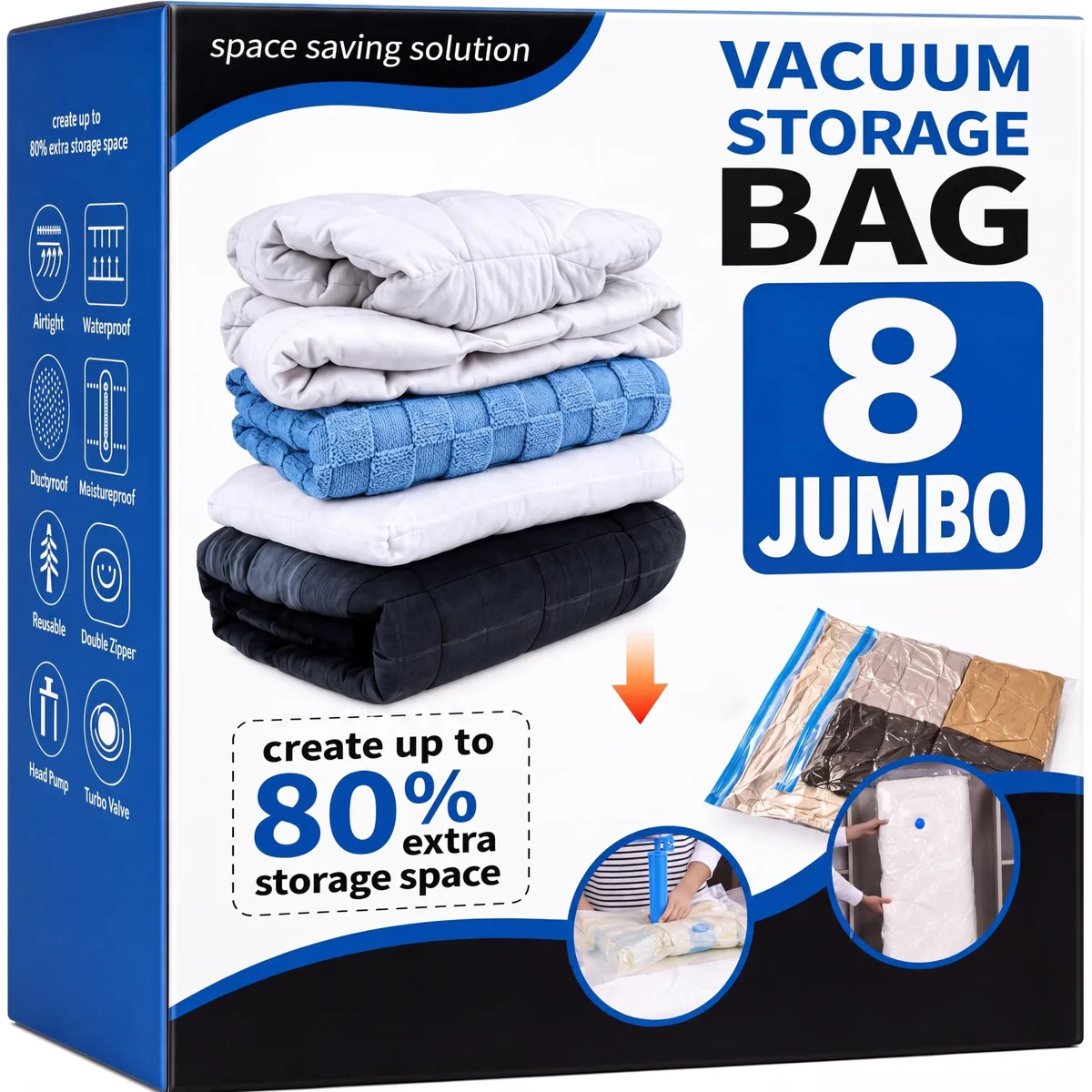 Eight clear rectangular vacuum bags with a hand pump