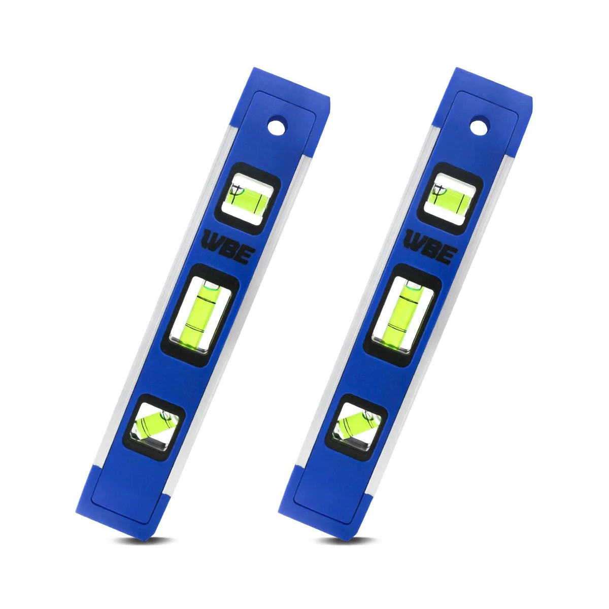 Two blue 9-inch aluminum torpedo levels with magnetic edges and shock-absorbing end caps