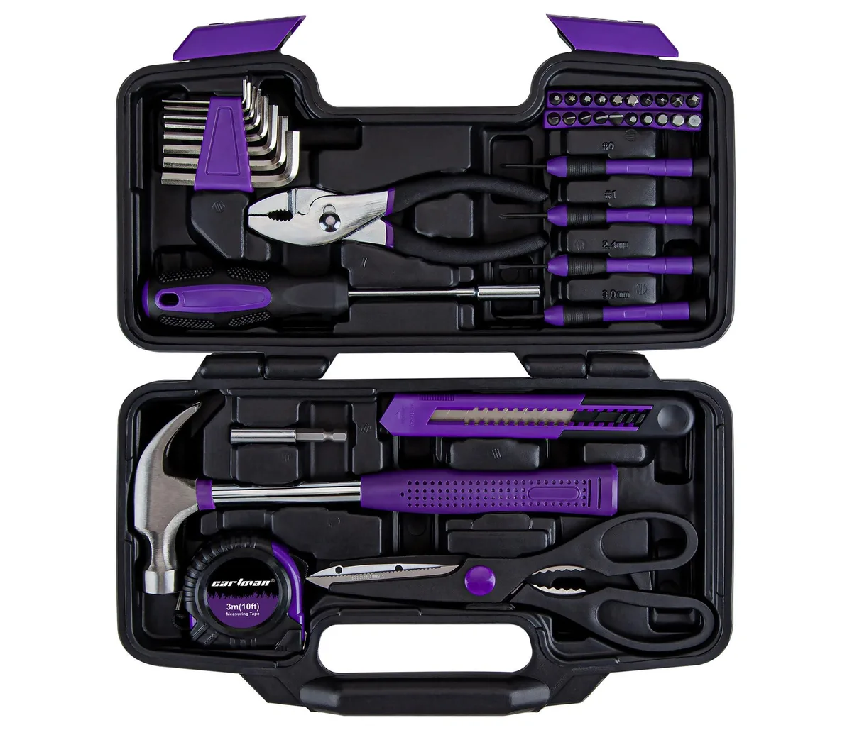 Purple plastic tool case with handle, closed, showing 39-piece household hand tool set inside