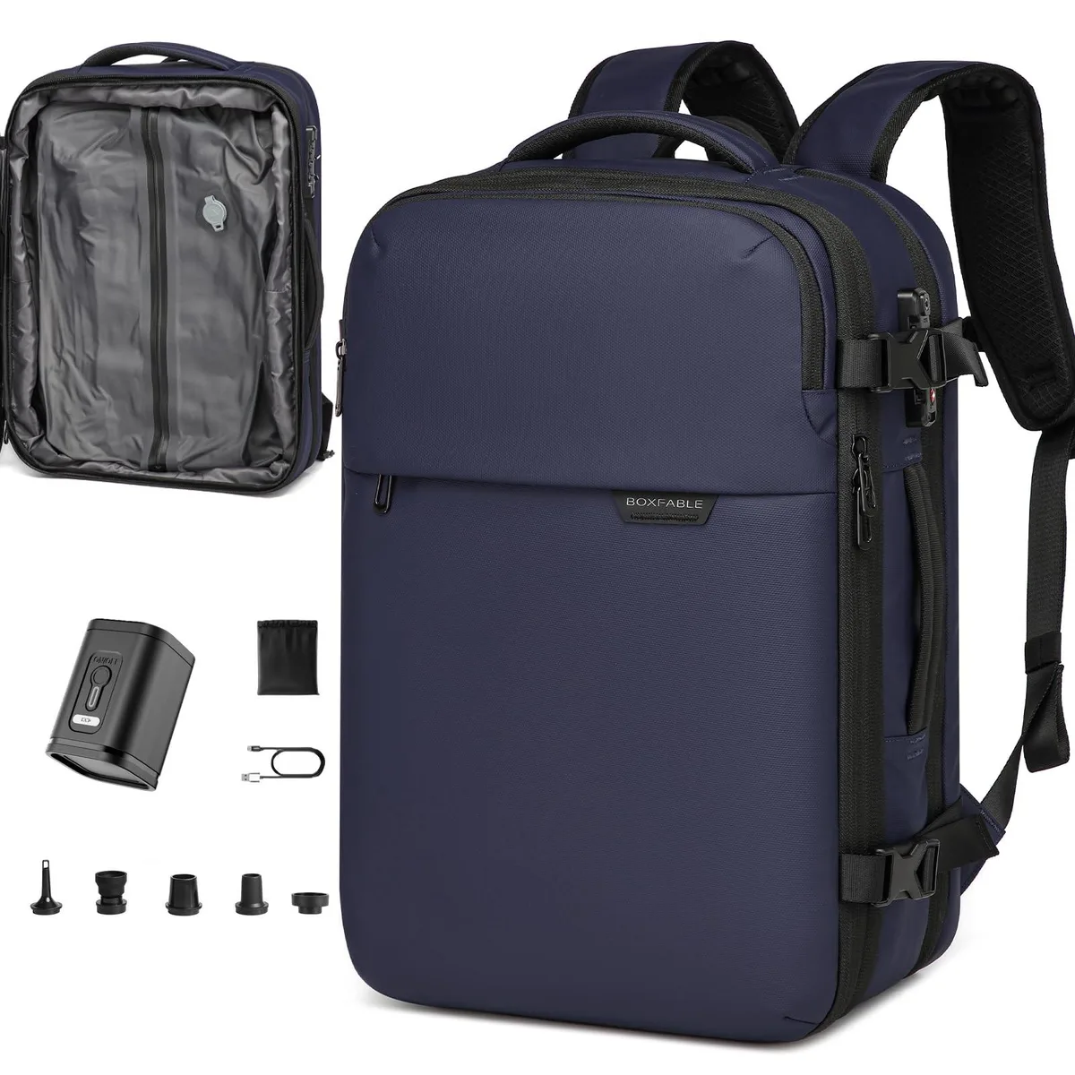 Grey expandable travel backpack with built-in vacuum pump and TSA lock