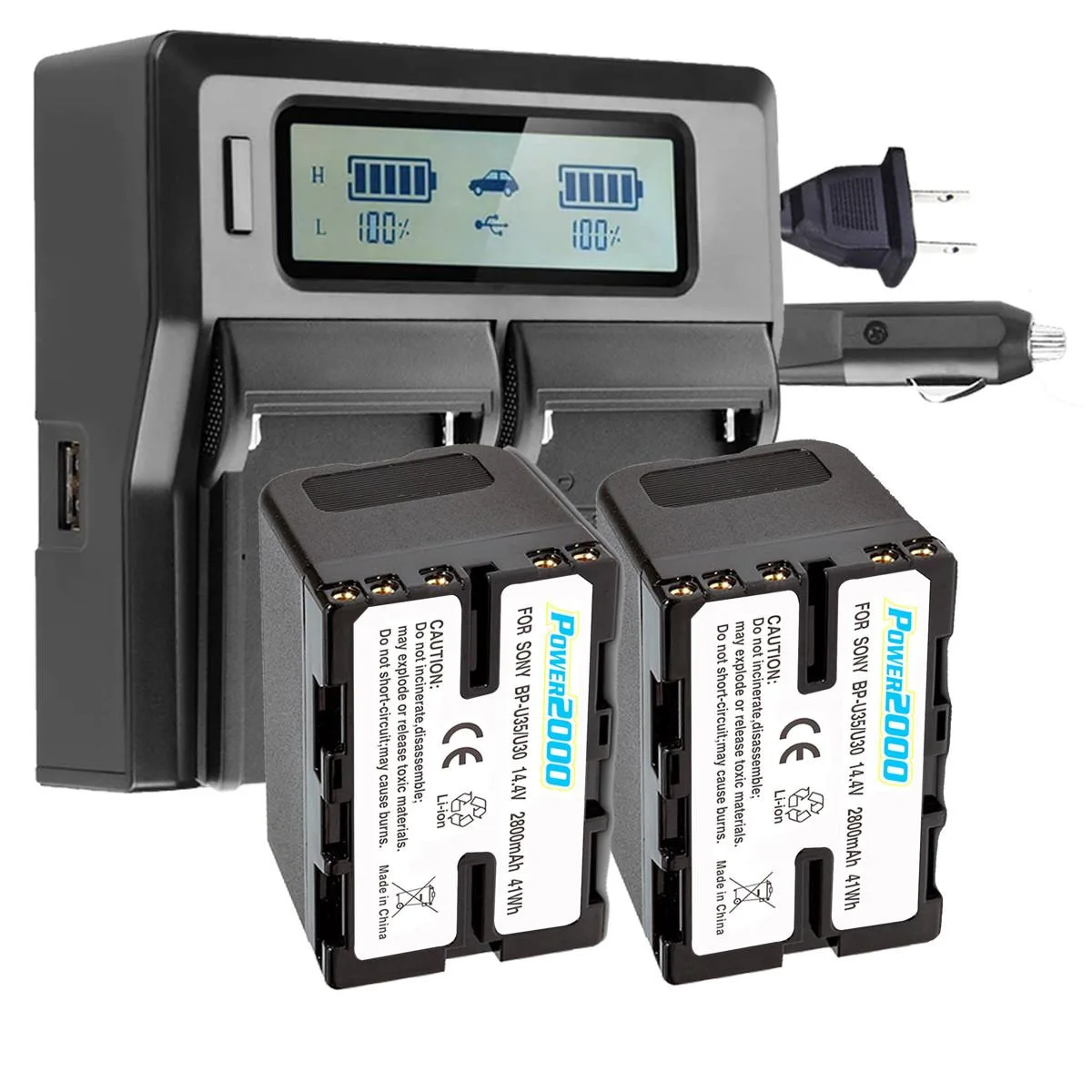 Power2000 Power2000 2x Sony BP-U35 14.4V 2800mAh 41Wh Battery with Dual Bay LCD Charger — product photo