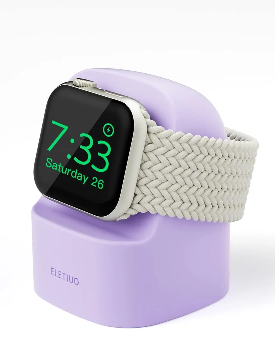 Purple silicone Apple Watch charging stand with cable slot