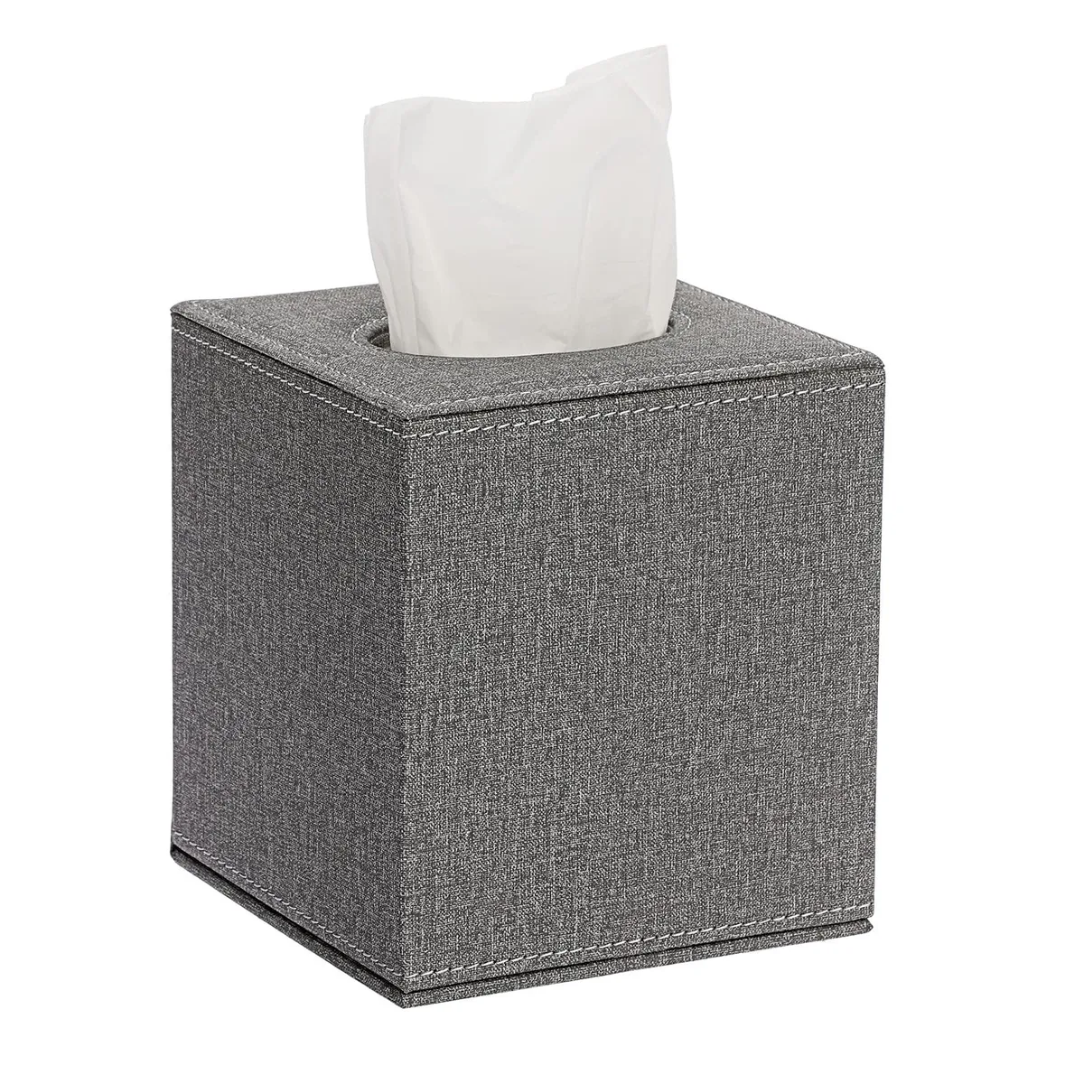 Grey linen cube tissue box cover with magnetic bottom, 5.2 by 5.2 by 5.8 inches