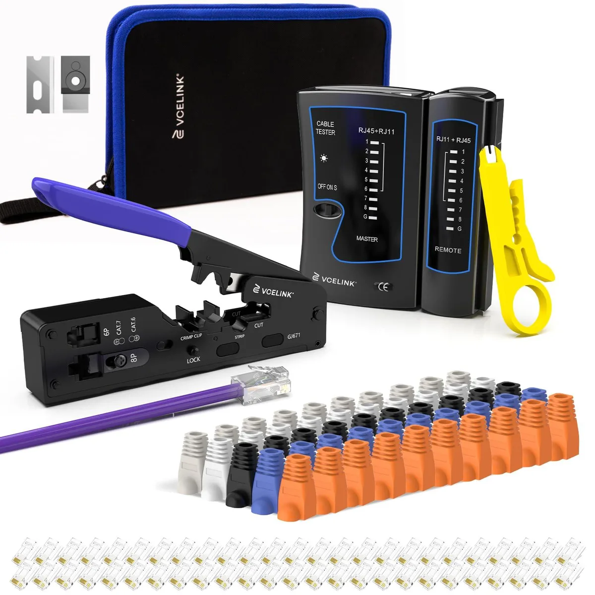 Red crimp tool kit bag with tester, stripper, 50 connectors and boots