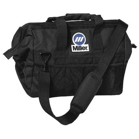 Black polyester tool bag with 22 pockets and padded shoulder strap