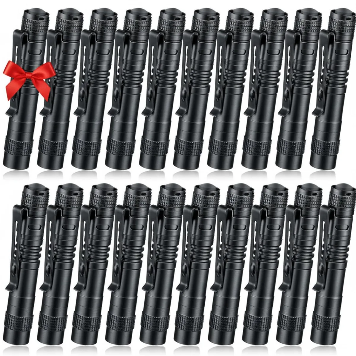 Twenty slim black aluminium penlights with pocket clips, each 3.54 inches long