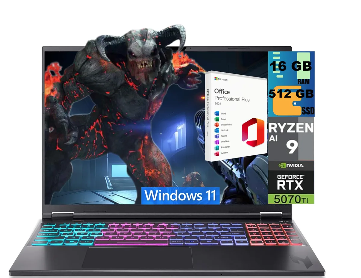 Acer America Acer Nitro 16S gaming laptop AMD Ryzen AI 9 365 RTX 5070 Ti 12GB 16GB DDR5 512GB 16" WQXGA — product photo