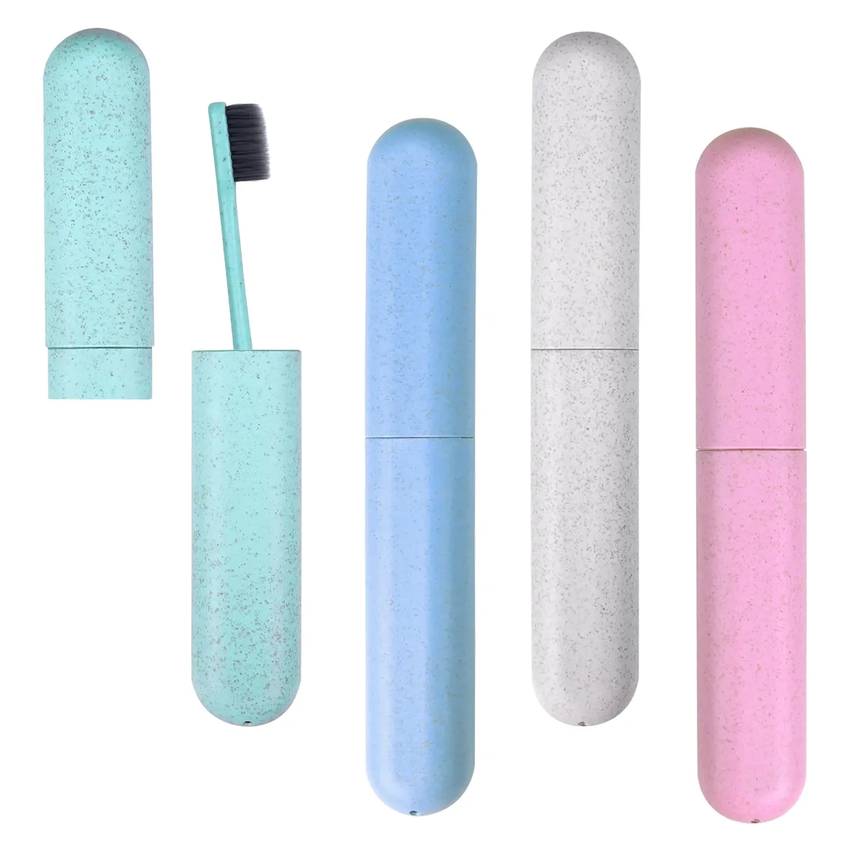 Four blue plastic toothbrush cases with pull-open lids and ventilation holes