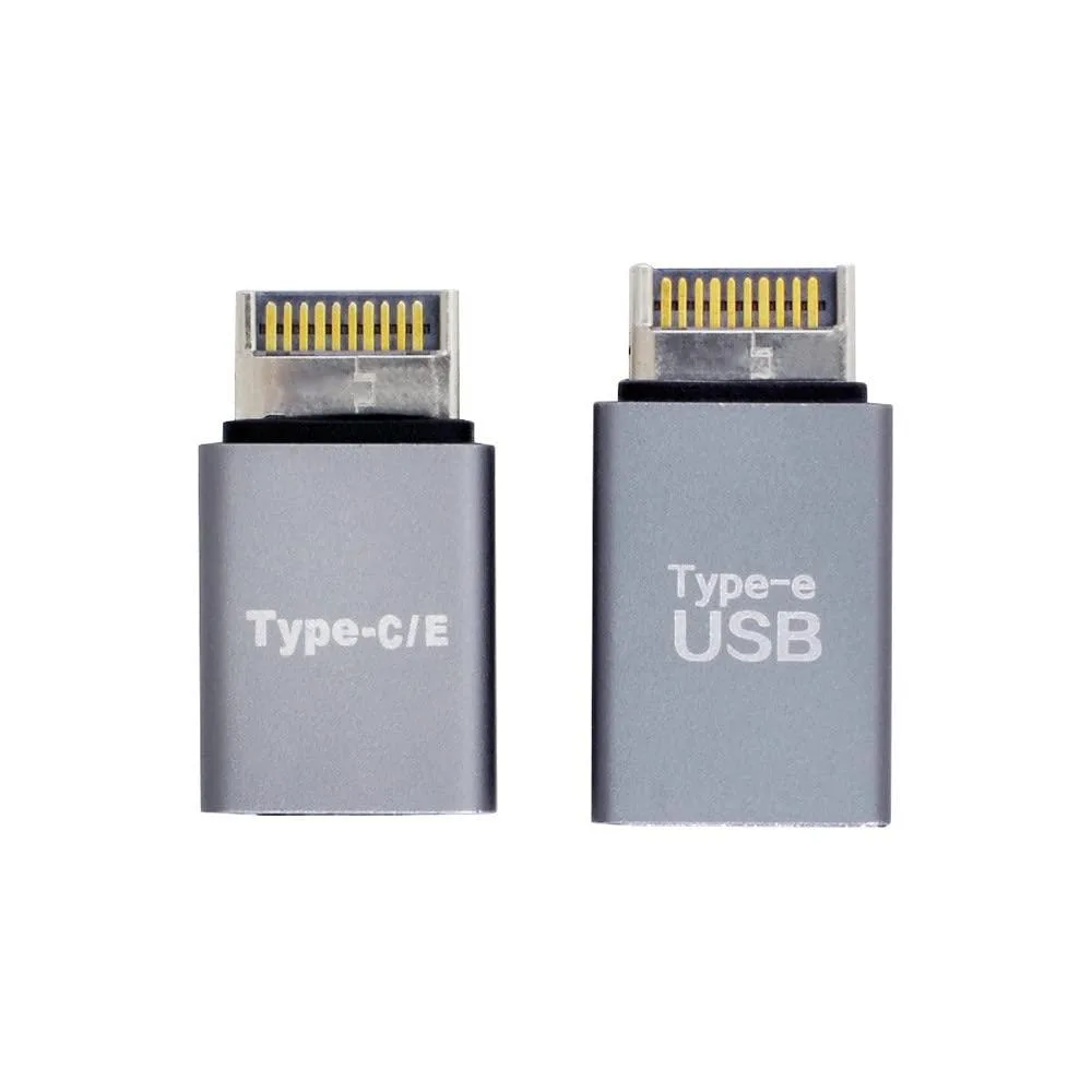 Two metallic USB 3.1 Type-E male adapters, one to Type-C female, one to Type-A female