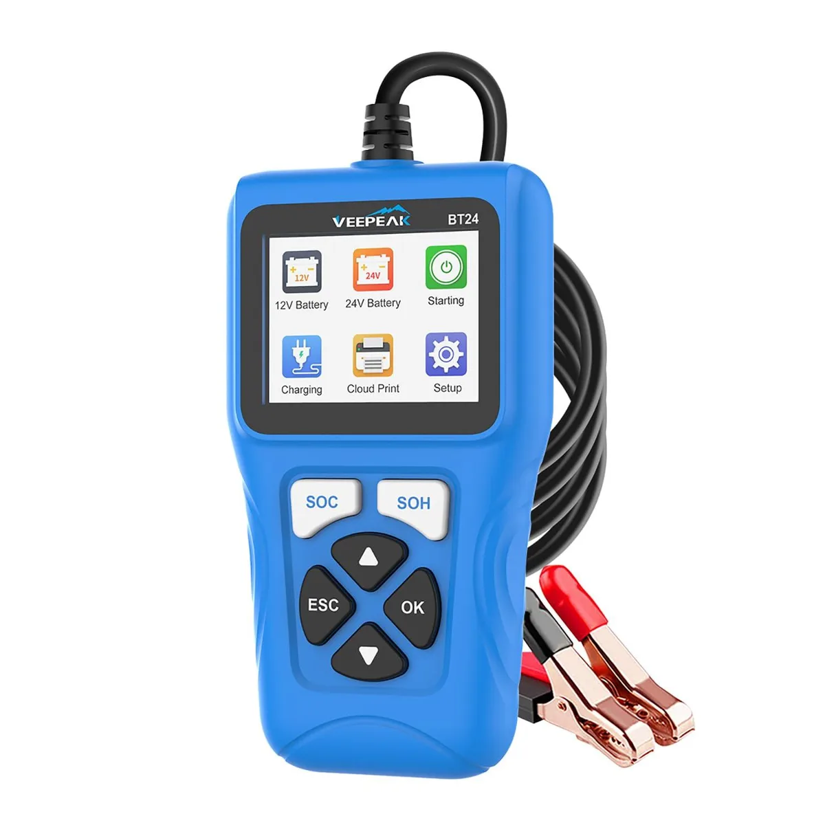 Handheld black battery tester with red and black clamps and a small screen