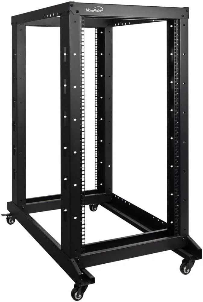 Black open-frame 22U server rack on casters, four posts, adjustable depth, powder-coated steel