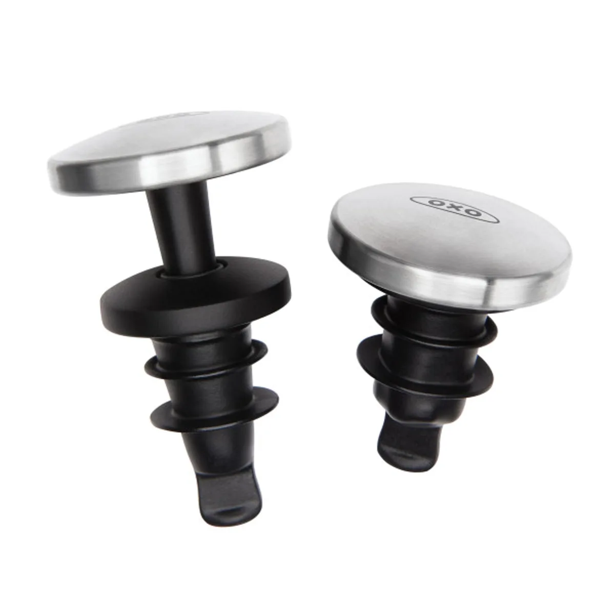 Two black expanding wine stoppers with stainless steel tops shown side by side