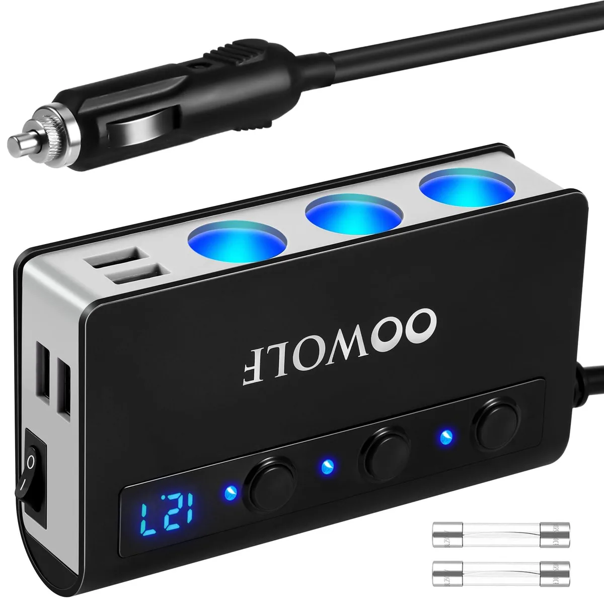 TESSAN 7-in-1 Car Power Splitter Cord 180W QC 3.0 12V/24V 3-Socket 4 USB 2.3ft Grey — product photo