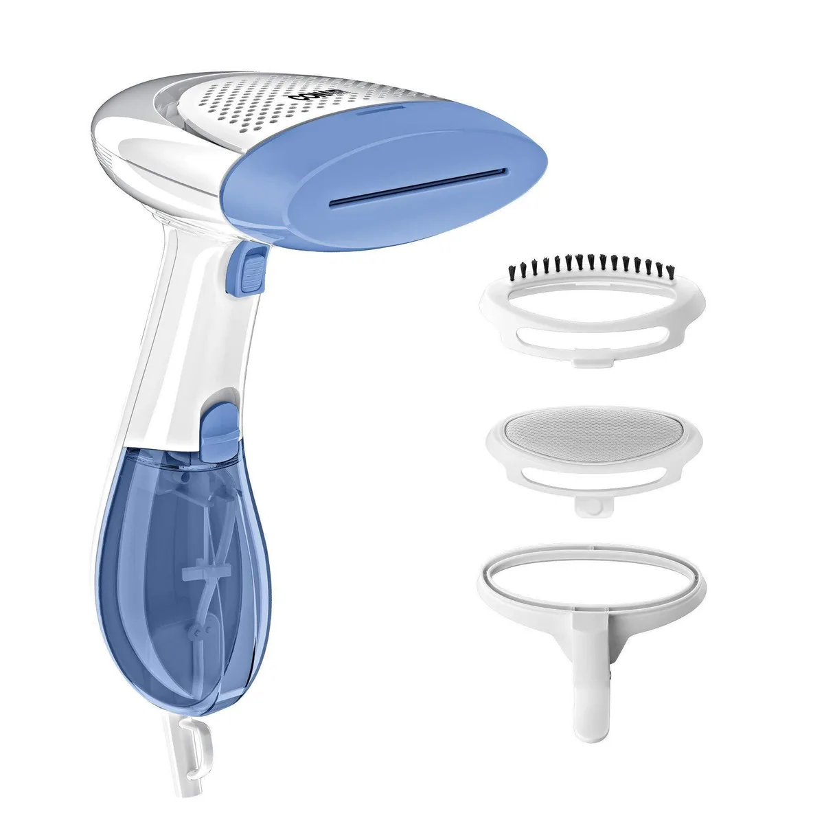 White handheld garment steamer with blue accents, trigger and indicator light