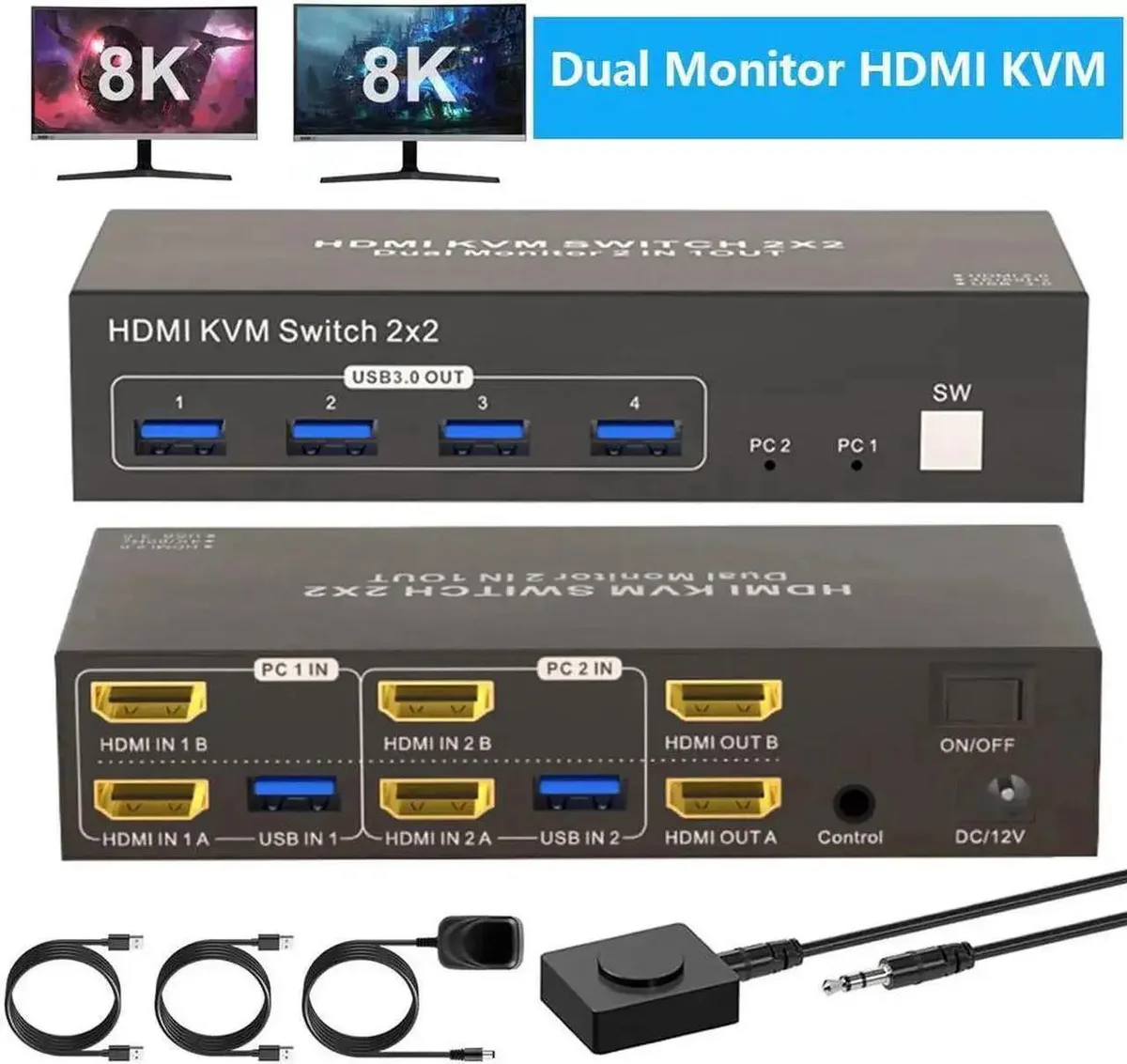 Vszerda Vszerda 4K Dual Monitor HDMI KVM Switch 2 Computers 4 USB 3.0 Ports — product photo
