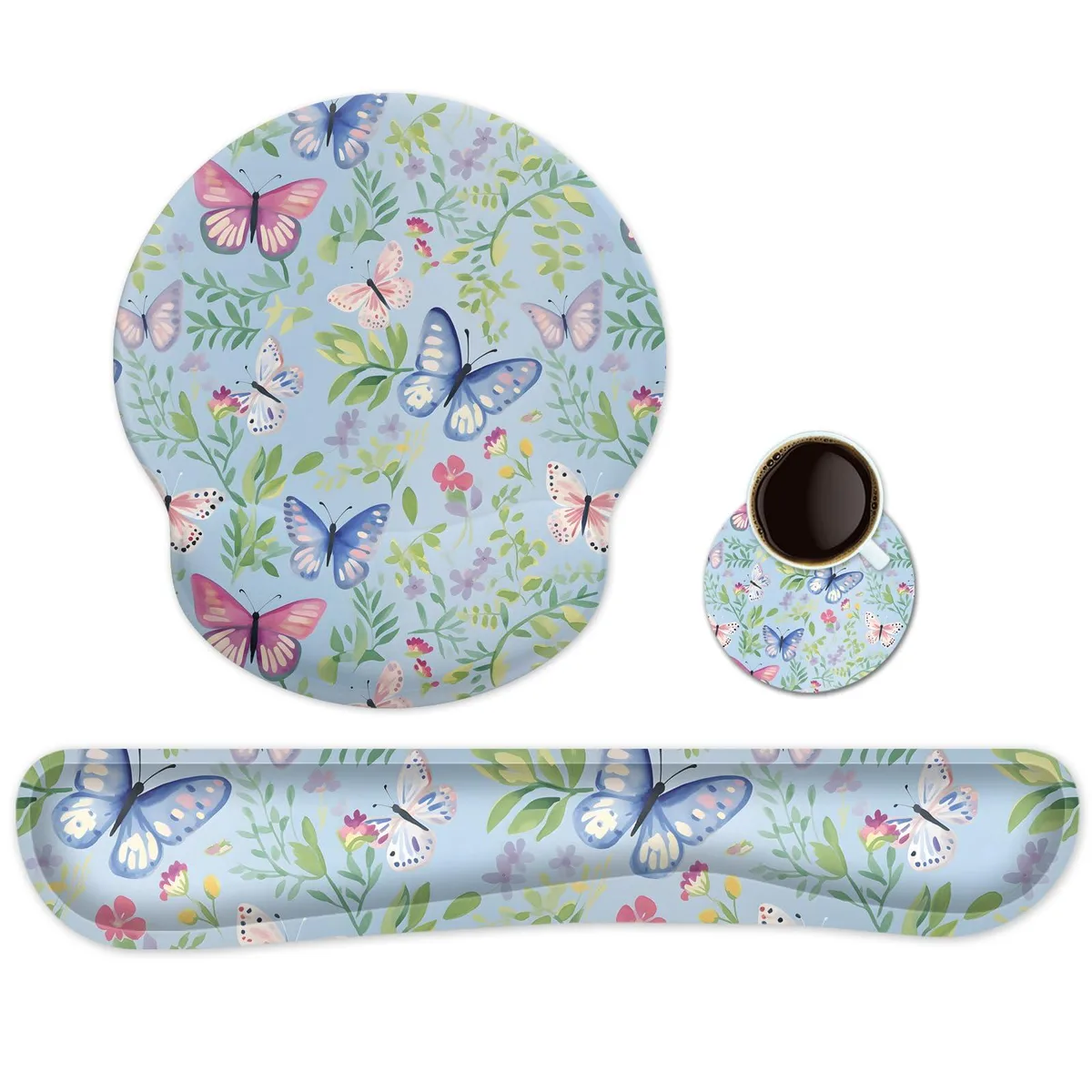 Keychron KWRP mouse pad and keyboard wrist rest set, butterflies print, memory foam cushions, fabric surface, rubber base